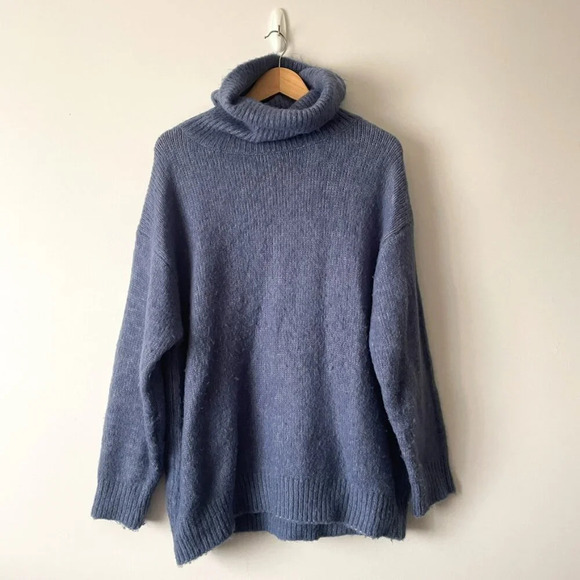 Zara Oversized Knit Turtleneck Sweater Jumper Dusty Blue Size Medium - Picture 3 of 8